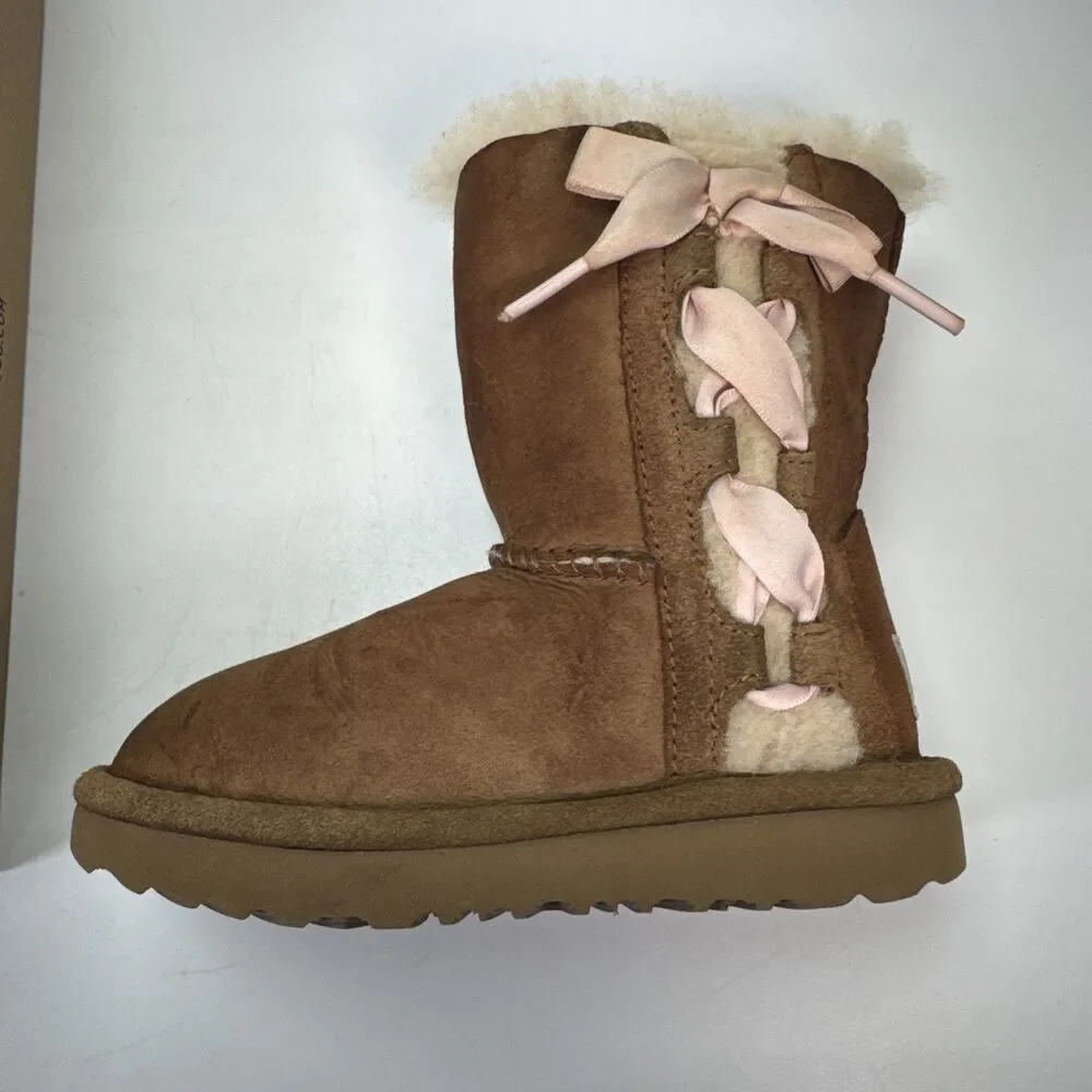 Ugg Boots Girls 9 Pala Toddler Chestnut Brown Lace-up Bow Pull On 1017737T w Box